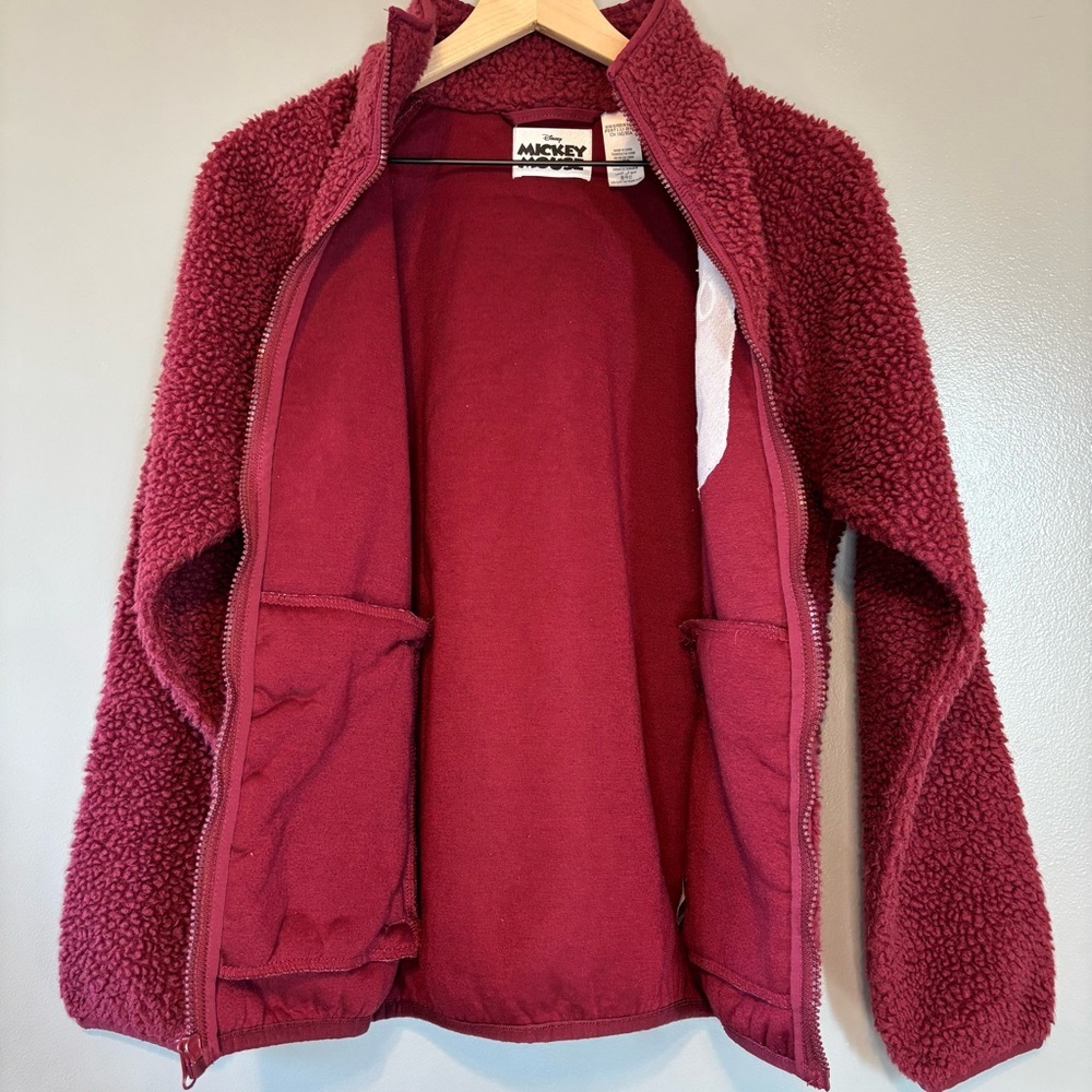 Disney Parks Mickey Mouse XS Full Zip Sherpa Jacket Maroon Burgundy Red - Picture 4 of 6